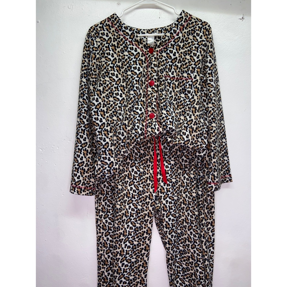 Adonna Fleece Pajama Set Leopard Cheetah Print Red Trim Button Front Y2K Chic‎ M